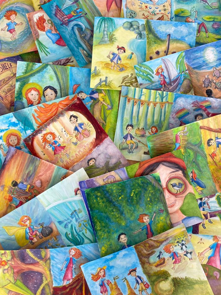 Collection of colorful children's book illustrations for Gumnut Trails Adventure Guides