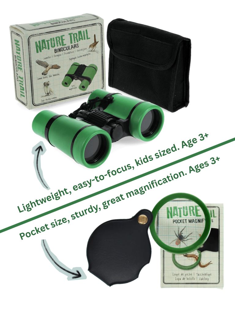 Green and black Nature Trail pocket binoculars shown with their retail box, a black carrying pouch, a black lens cover, and a small Nature Trail pocket magnifier card on a white background with descriptive text.