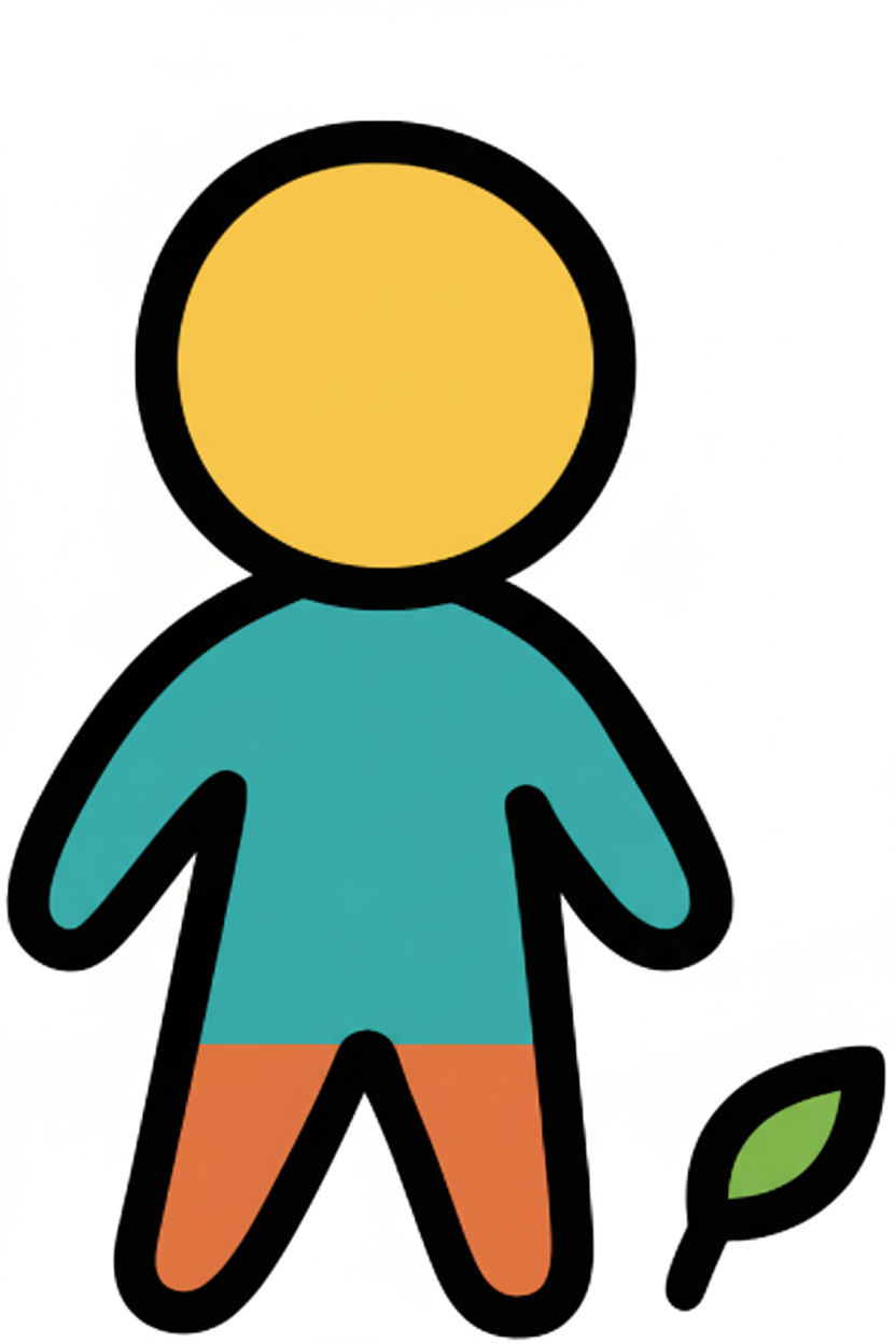 Black outline of a person with a leaf on a white background