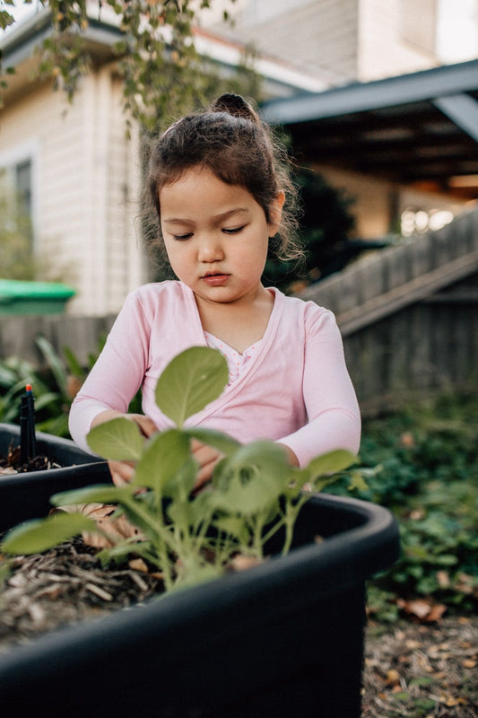 Child with a veggie garden bed