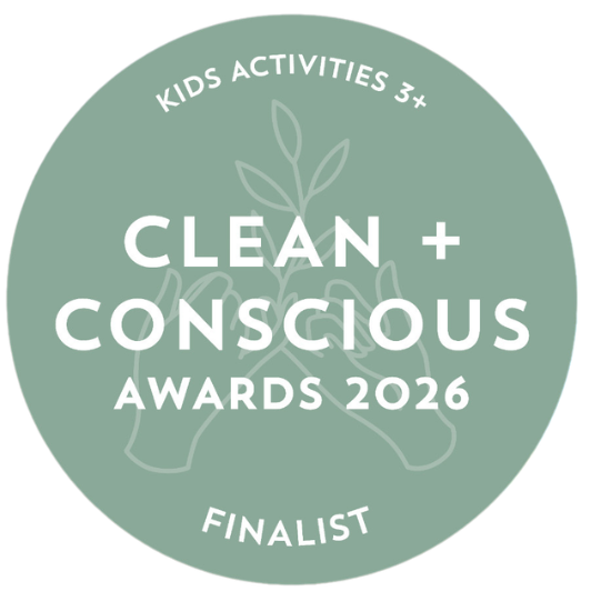Green badge with 'Clean + Conscious Awards 2026 Finalist' text on a white background