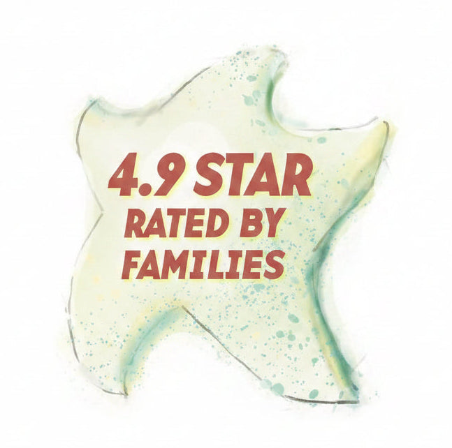A watercolor-style star graphic on a white background with the text '4.9 STAR RATED BY FAMILIES' in reddish-brown lettering.