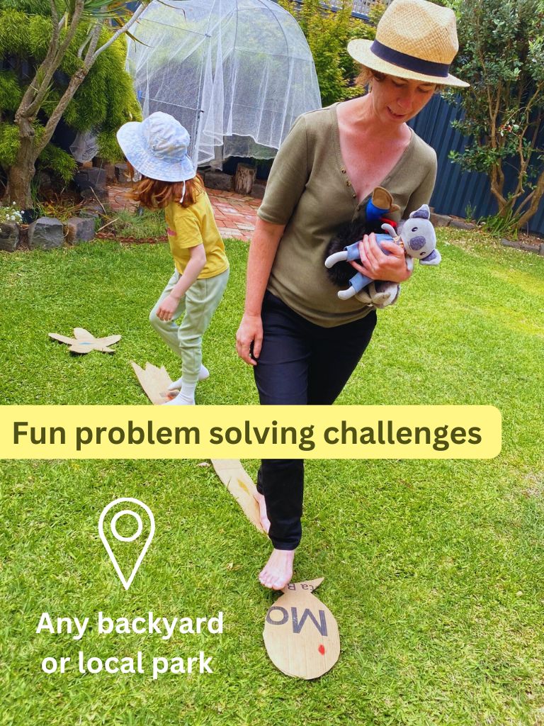 Woman and child playing with toys in a backyard, with text about fun problem-solving challenges.