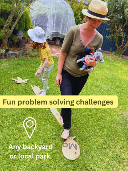 Woman and child playing with toys in a backyard, with text about fun problem-solving challenges.