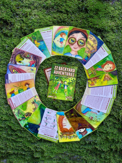 Circular arrangement of children's adventure cards and story cards entitled'22 Backyard Adventures' on a green textured background.