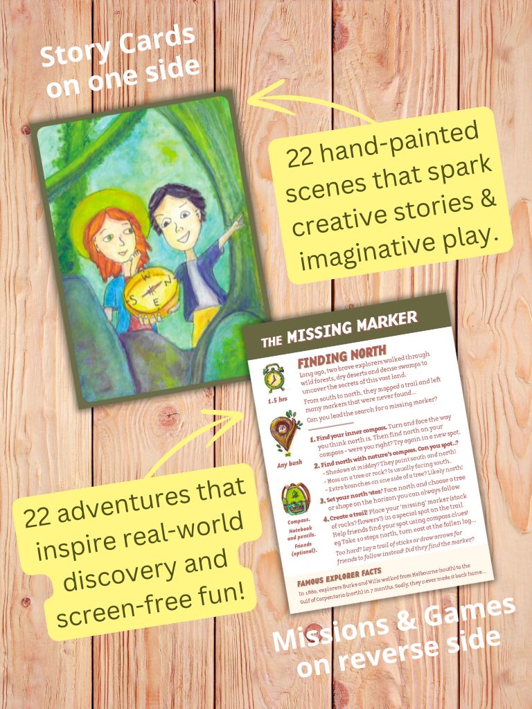 Example story card of 2 children in bush and the matching mission for finding north. Gumnut Trails Bush Guide.