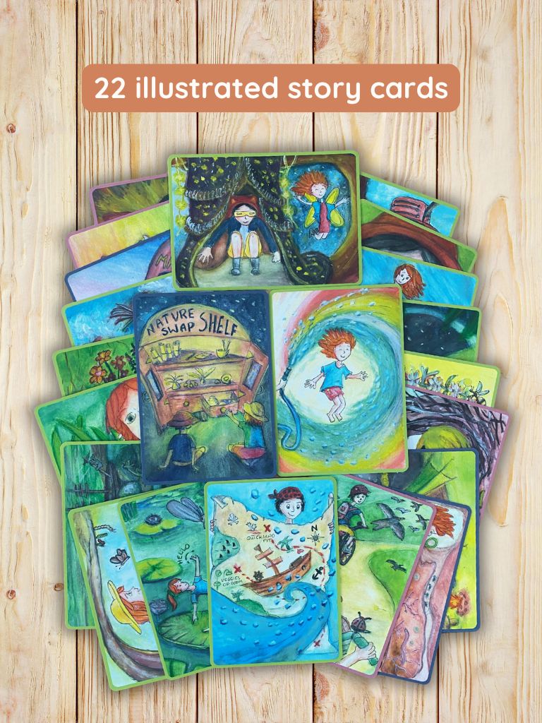 Collection of illustrated story cards on a wooden surface with text '22 illustrated story cards'. From Gumnut Trails Backyard Adventure Guide