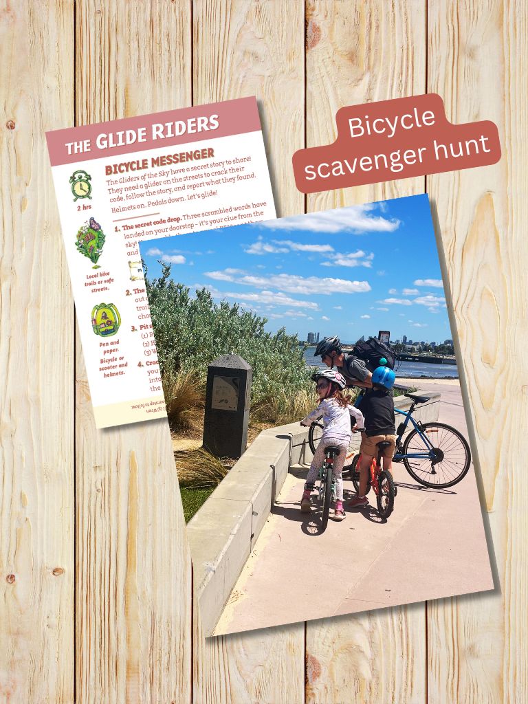 Bicycle scavenger hunt mission with a photo of children on bikes by a waterfront. From Gumnut Trails Guides