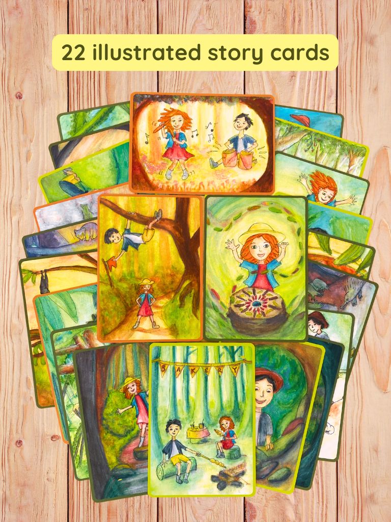 Illustrated story cards on a wooden surface with text '22 illustrated story cards' for the Bush Adventure Guide. 