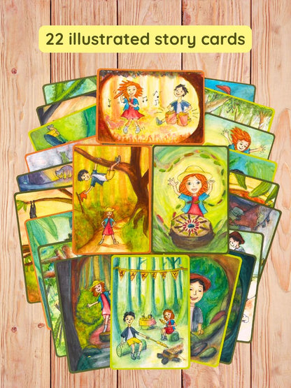 Illustrated story cards on a wooden surface with text '22 illustrated story cards' for the Bush Adventure Guide. 