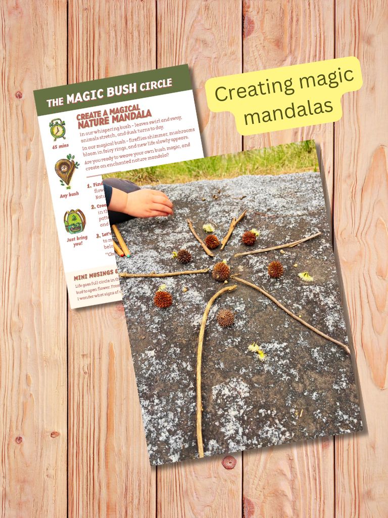Nature mandala created with sticks and nature elements on a wooden surface, accompanied by a leaflet titled 'The Magic Bush Circle'. Gumnut Trails