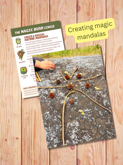 Nature mandala created with sticks and nature elements on a wooden surface, accompanied by a leaflet titled 'The Magic Bush Circle'. Gumnut Trails