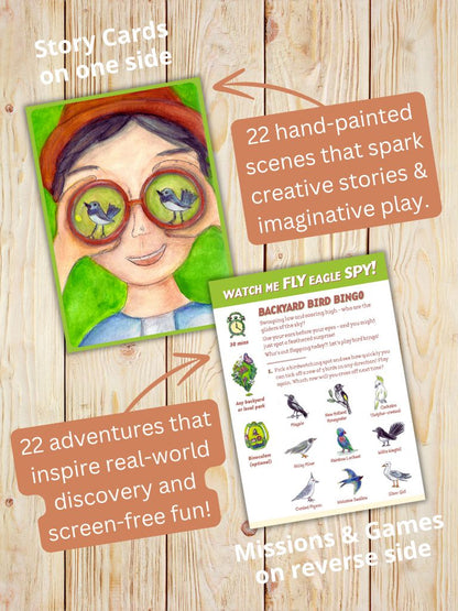 Story cards with bird-themed content on a wooden surface. from Gumnut Trails Backyard Adventure Guide