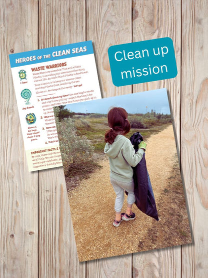 Clean up beach mission - with child collecting rubbish from Gumnut Trails Beach Guide