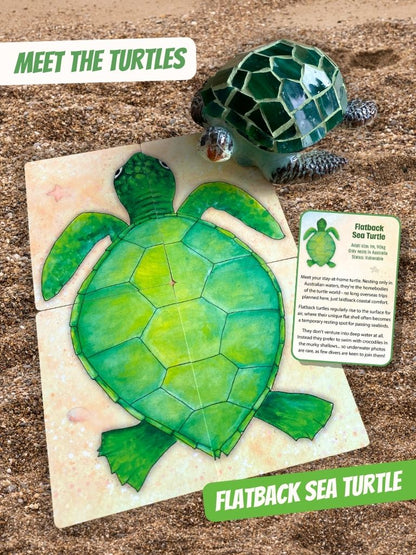 A flatback sea turtle from Turtle Moon card game, featuring a large, assembled turtle puzzle, a smaller assembled turtle in the background, and a printed informational card with a mosaic turtle. 