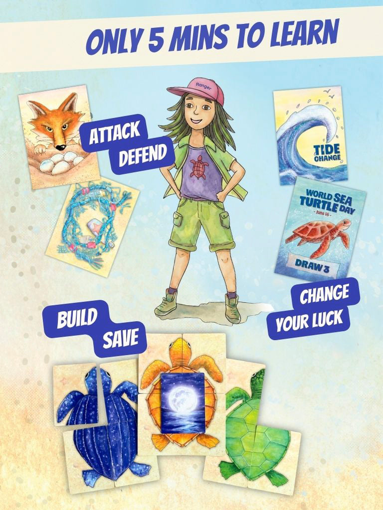 How to Play Turtle Moon image outline with text 'Only 5 mins to learn.' Showing fox and rubbish cards and turtle ranger with words 'attack and defend.' Showing building turtles with words 'build and save'. Also shows Tide Change and World Sea Turtle Day card for 'Change your Luck.'