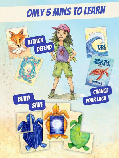 How to Play Turtle Moon image outline with text 'Only 5 mins to learn.' Showing fox and rubbish cards and turtle ranger with words 'attack and defend.' Showing building turtles with words 'build and save'. Also shows Tide Change and World Sea Turtle Day card for 'Change your Luck.'