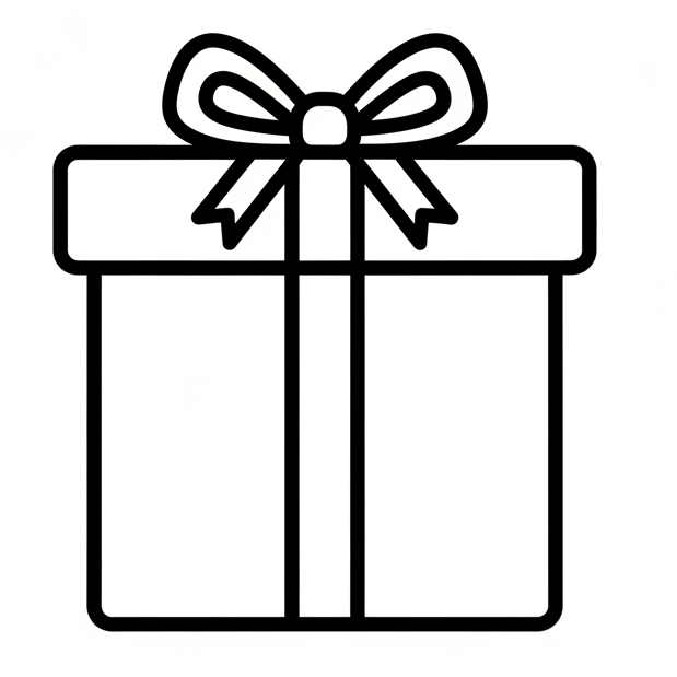 Black line drawing of a gift box with a bow on a white background