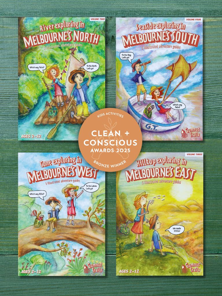 Four Melbourne Adventure Guides Children activity books about exploring Melbourne's regions on a green background, with 'Clean & Conscious Awards 2023' badge. Gumnut Trails