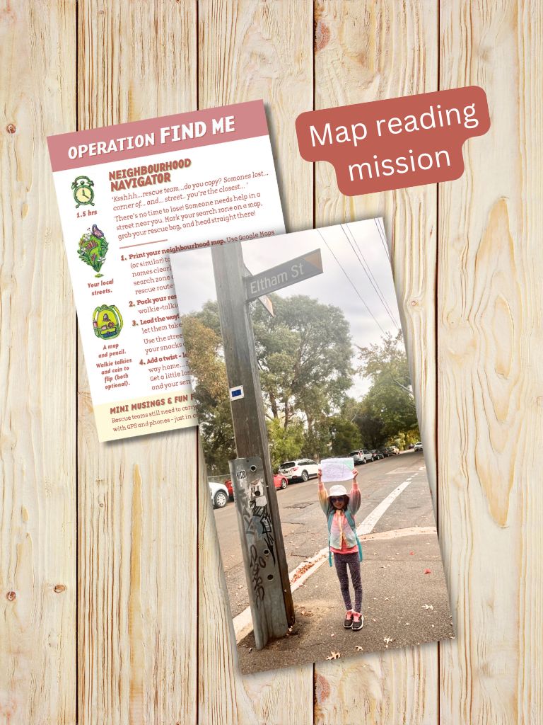 Map reading mission flyer with a photo of a child holding a map on a street.