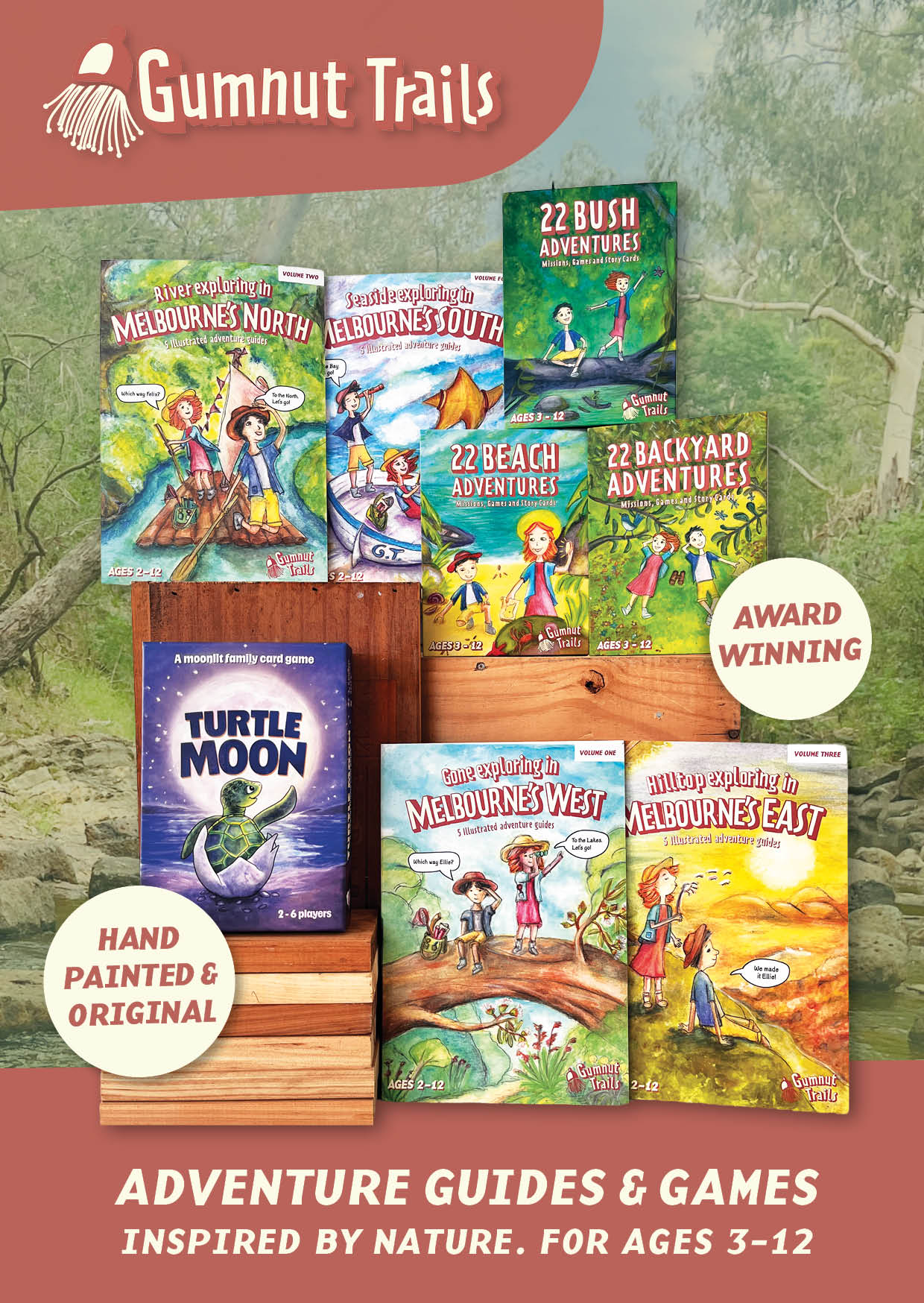 A promotional collage for Gumnut Trails adventure guides and games, showing multiple colorful book/game covers arranged on wooden blocks against a blurred nature background. Visible titles include Turtle Moon, Melones North, Backyards Out, 22 Beach Adventures, 22 Backyard Adventures, 22 Bush Adventures, and Melones West.