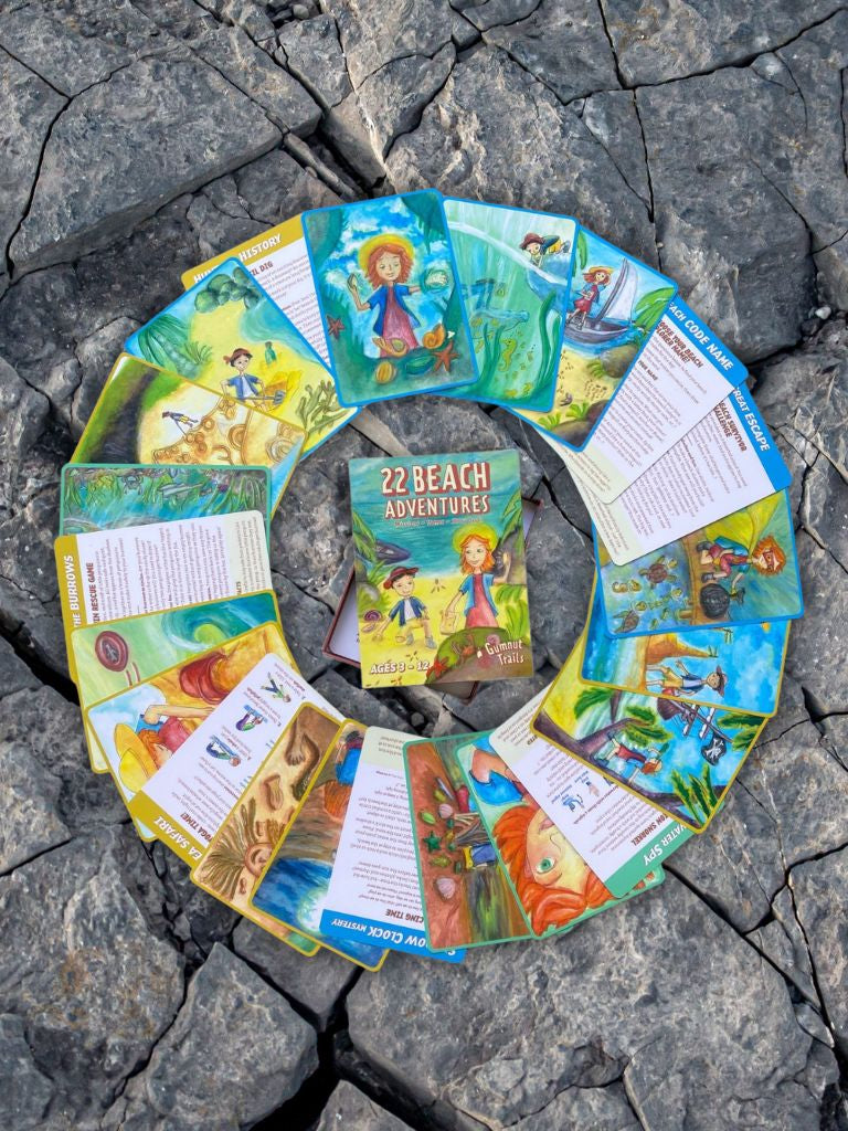 Children's story cards and adventure cards with colorful illustrations on a stone surface at beach. Gumnut Trails Beach Guide. 