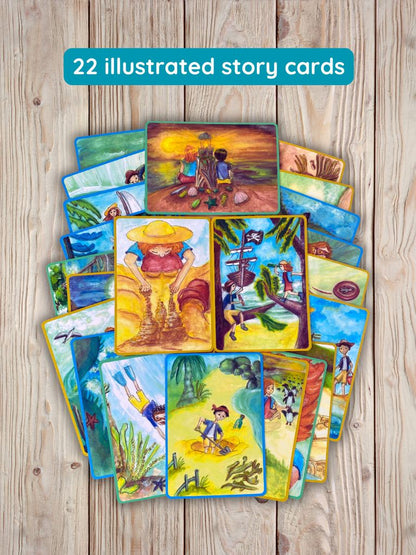 Set of illustrated story cards on a wooden surface with '22 illustrated story cards' text.