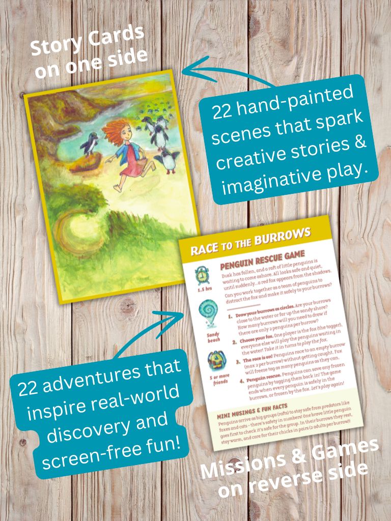 Story cards with hand-painted scenes and text on a wooden surface. From Gumnut Trails Beach Guide.