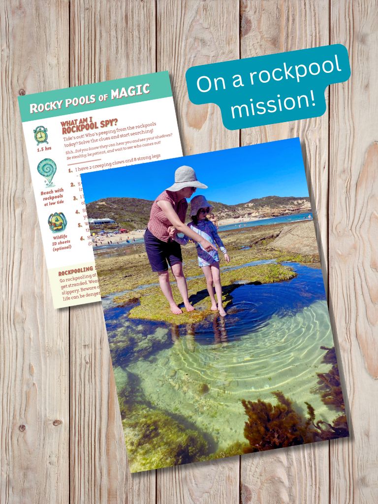 Rockpool mission in the Gumnut Trails Beach Guide with scavenger hunt and picture of mother and daughter looking in a rockpool. 