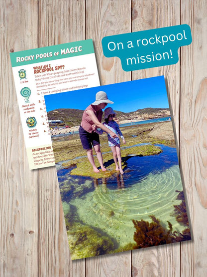 Rockpool mission in the Gumnut Trails Beach Guide with scavenger hunt and picture of mother and daughter looking in a rockpool. 