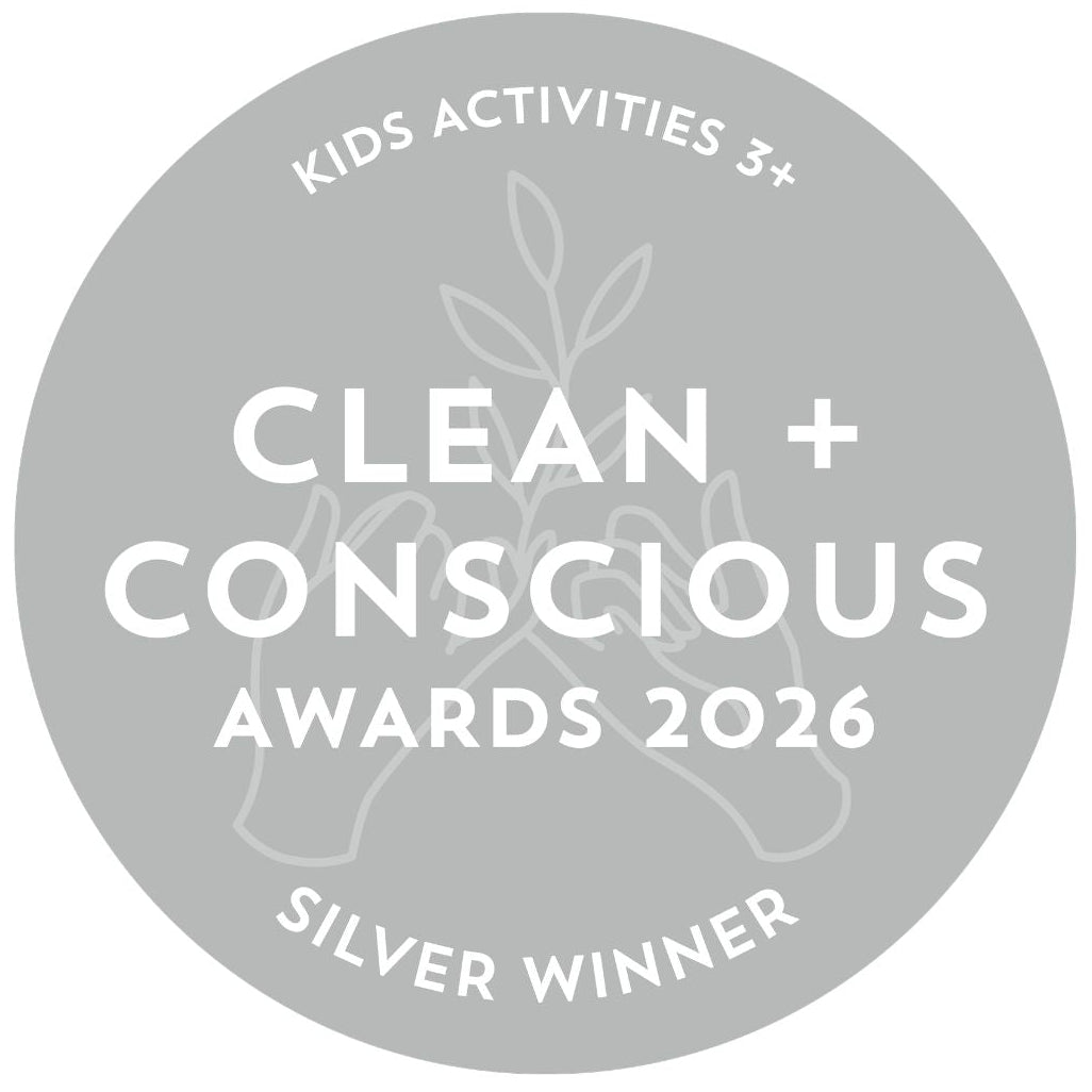 A circular gray award badge reading 'KIDS ACTIVITIES 3+ CLEAN + CONSCIOUS AWARDS 2026' and 'SILVER WINNER' with a faint plant and hands illustration in the background.