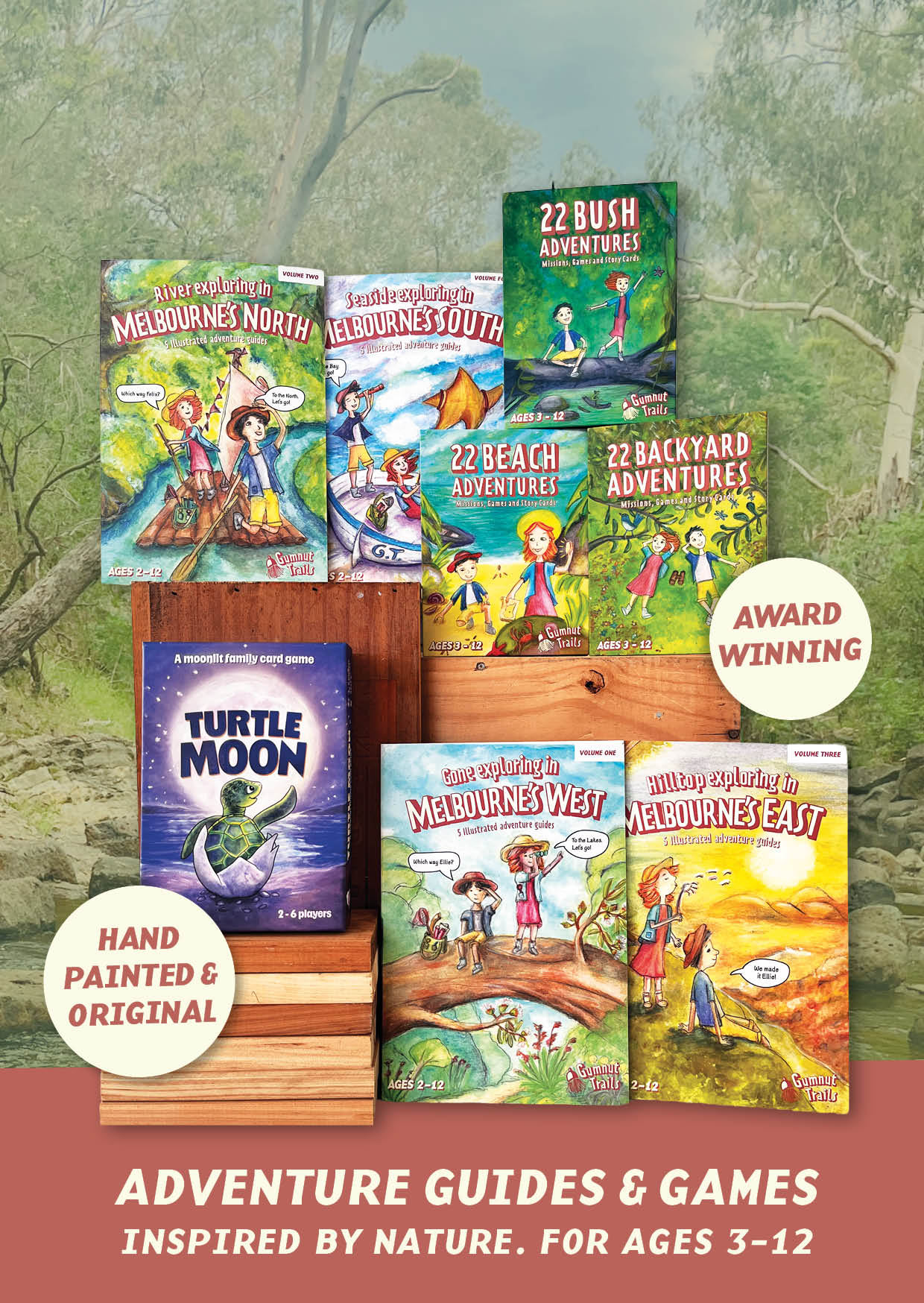A set of children's nature-themed adventure books and games displayed on wooden stands against a forest background. Visible titles include Turtle Moon, Melburnes North, Melburnes South, 22 Beach Adventures, 22 Backyard Adventures, 22 Bush Adventures, and Melburnes West / Melburnes East.