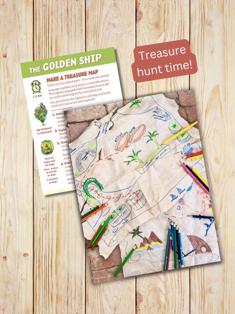 Children's treasure map with colored pencils on a wooden surface from Gumnut Trails Adventure Guide