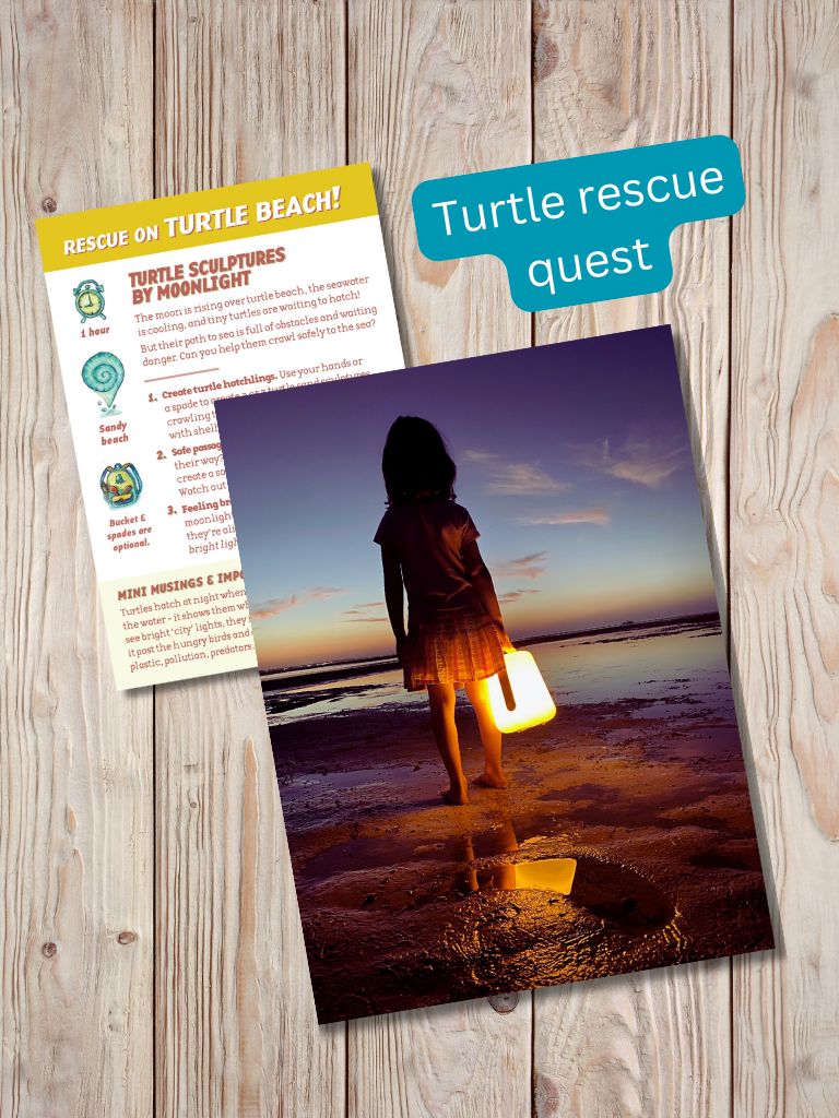 Rescuing turtle quest with a child holding a lantern on the beach. Gumnut Trails beach guide mission.