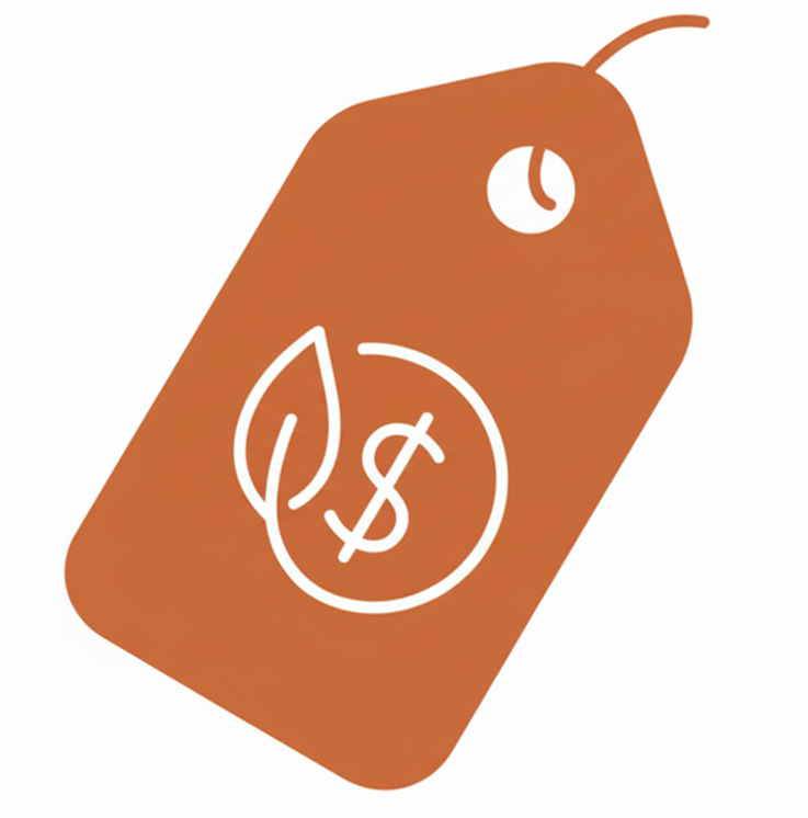 Icon of a price tag with a leaf and dollar sign on a beige background