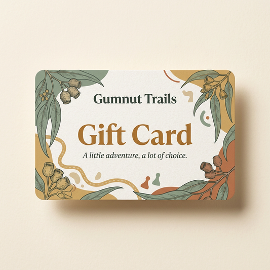 Gumnut Trails gift card with eucalyptus illustrations
