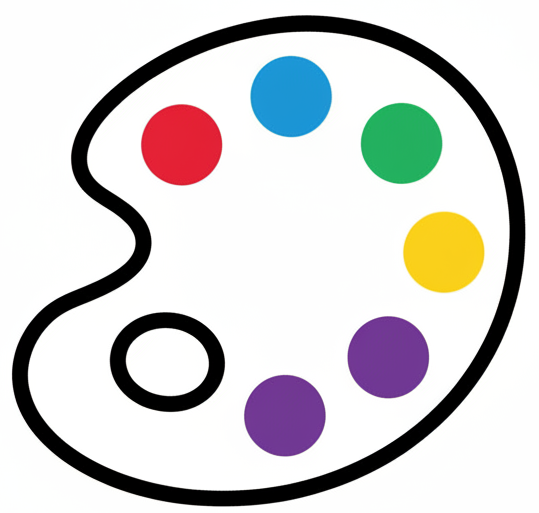 Color palette icon with six colored circles on a white background