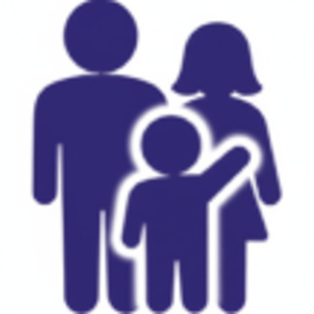 A small blue icon of a family with three figures, representing a family with ages 8+, on a white background.
