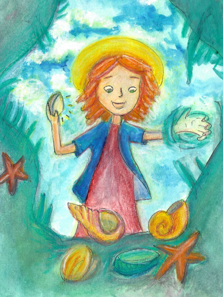 A colorful pastel-style illustration of a young girl with red hair and a yellow halo, standing in a blue ocean scene with shells and starfish around her.